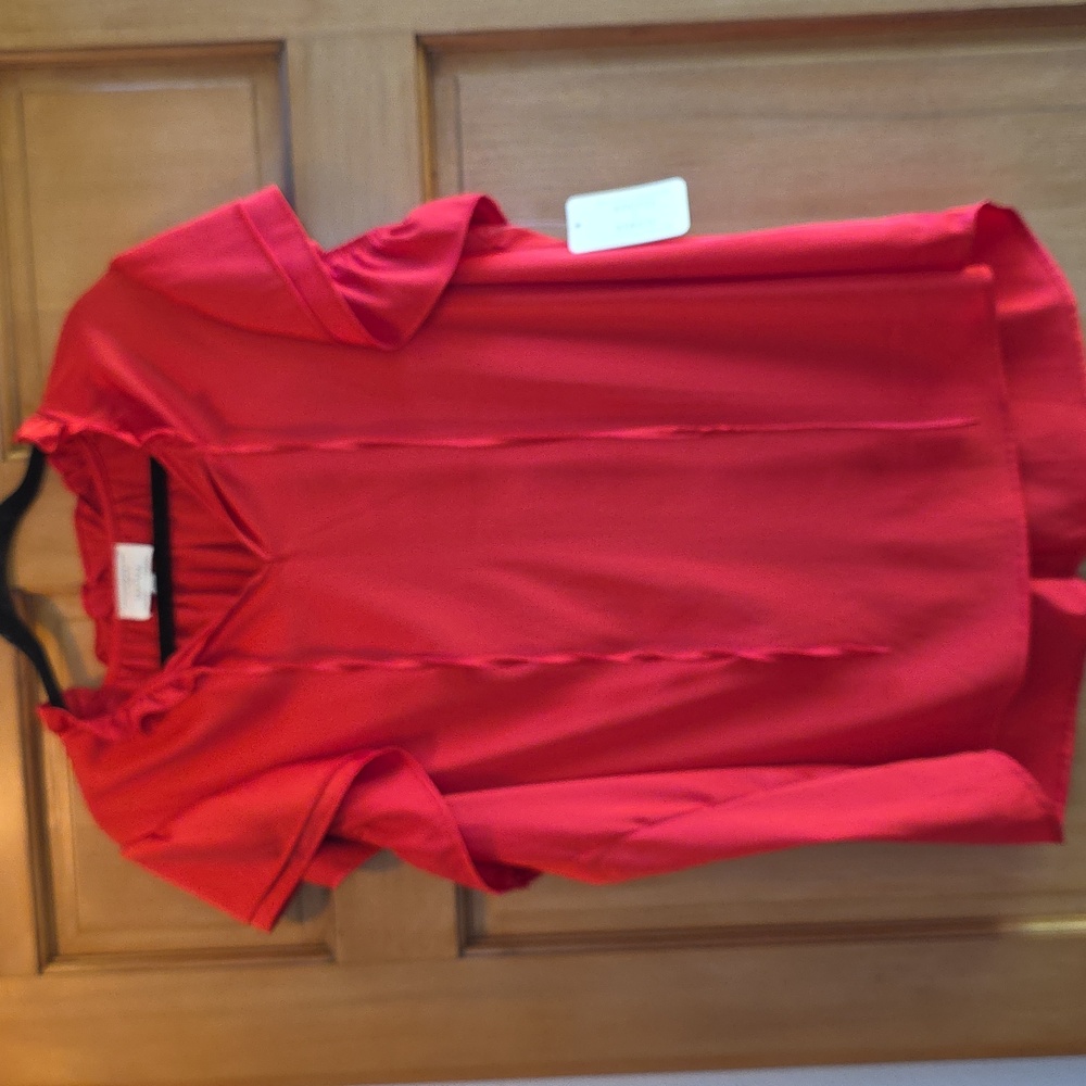 Flower & Feather Red Ruffle Sleeve Blouse | Short Sleeve Tie Neck 3xl